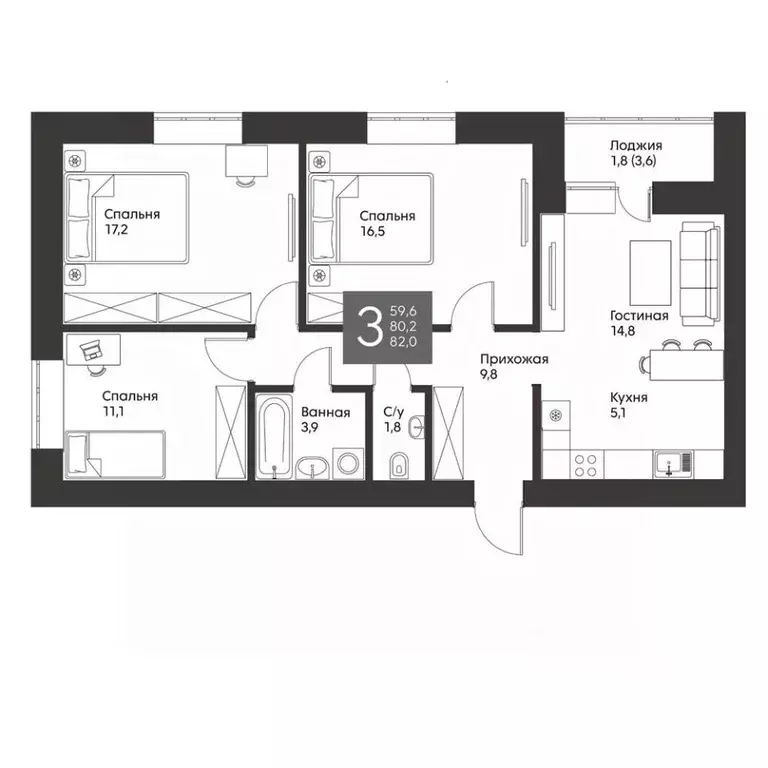 3-к кв. Татарстан, Альметьевск ул. Гафиатуллина, 60 (82.0 м) - Фото 0