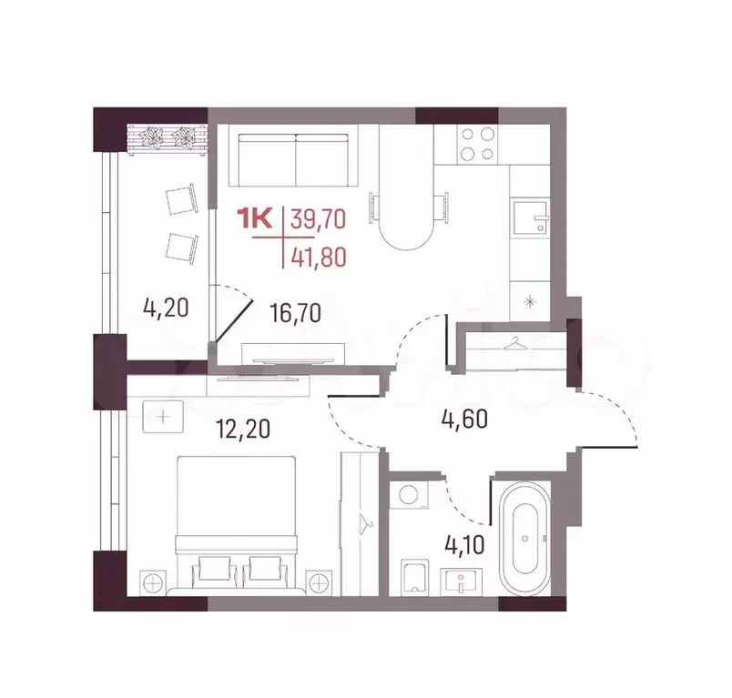 1-к. квартира, 41,8 м, 14/16 эт. - Фото 0