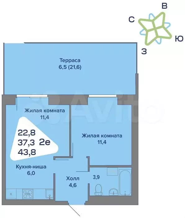 2-к. квартира, 43,8м, 1/4эт. - Фото 0