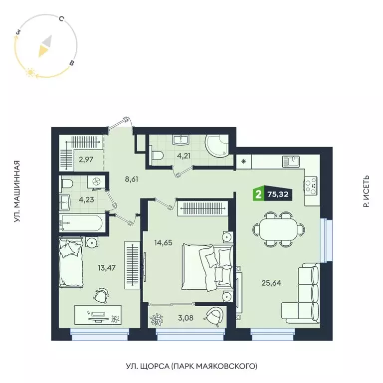 2-комнатная квартира: Екатеринбург, Машинная улица, 1В/4 (75.32 м) - Фото 1