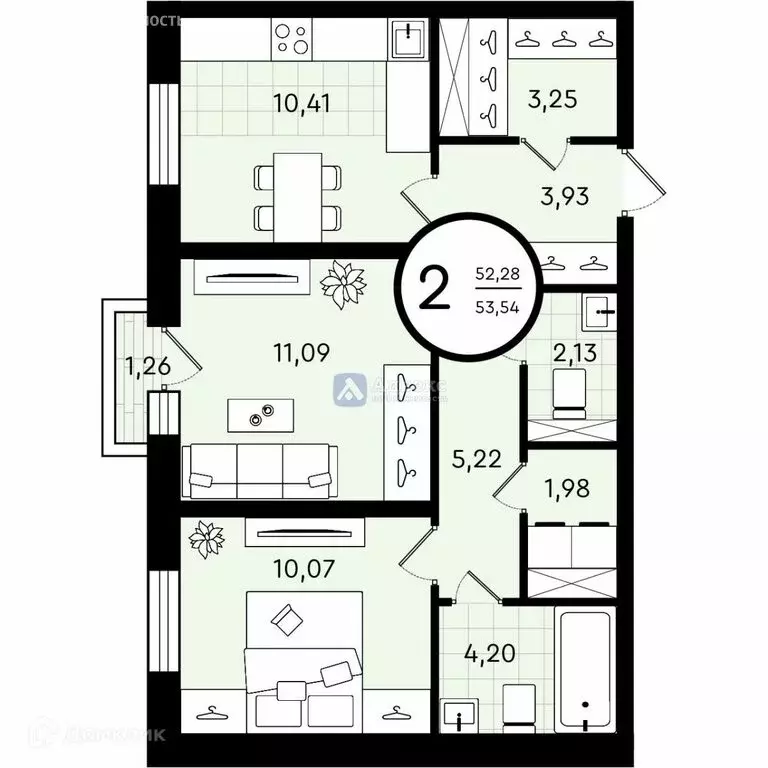 2-комнатная квартира: Тюмень, улица Александра Звягина, 7 (53.54 м) - Фото 1