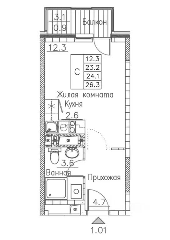 Студия Приморский край, Владивосток ул. Расула Гамзатова, 7к1 (26.3 м) - Фото 0