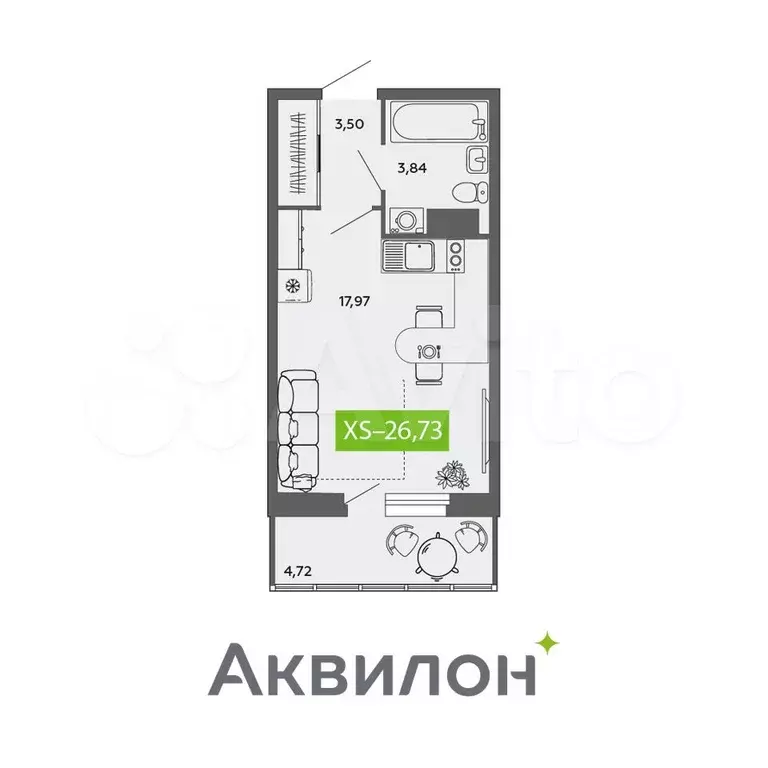 Квартира-студия, 26,7 м, 9/9 эт. - Фото 1