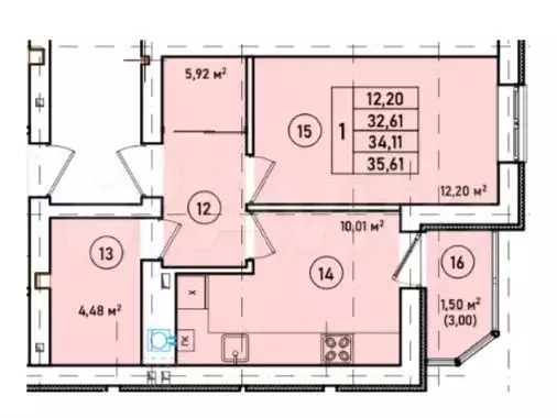 1-к. квартира, 35,6 м, 6/7 эт. - Фото 1
