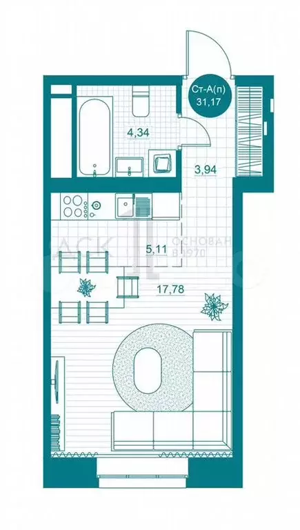 Квартира-студия, 31,2м, 4/16эт. - Фото 0