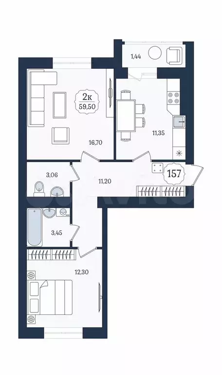 2-к. квартира, 59,5 м, 1/9 эт. - Фото 1