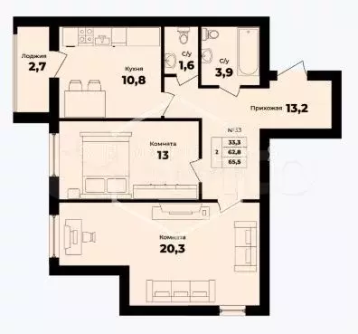 2-к. квартира, 64,2 м, 8/9 эт. - Фото 1