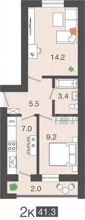 2-к. квартира, 41,3 м, 1/4 эт. - Фото 1
