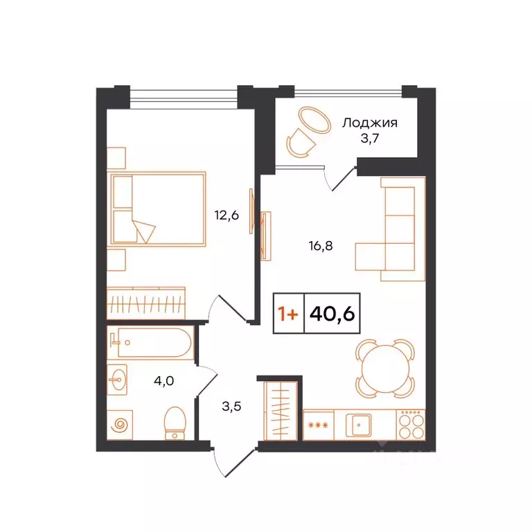 1-к кв. Тюменская область, Тюмень UNO жилой комплекс (40.6 м) - Фото 0