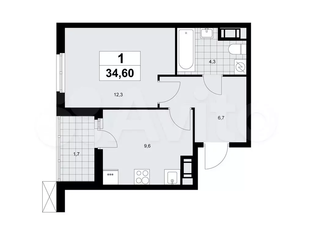 1-к. квартира, 34,6 м, 6/9 эт. - Фото 0