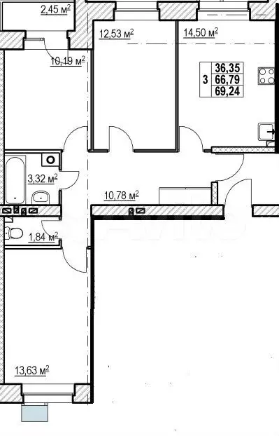 3-к. квартира, 69 м, 2/5 эт. - Фото 0