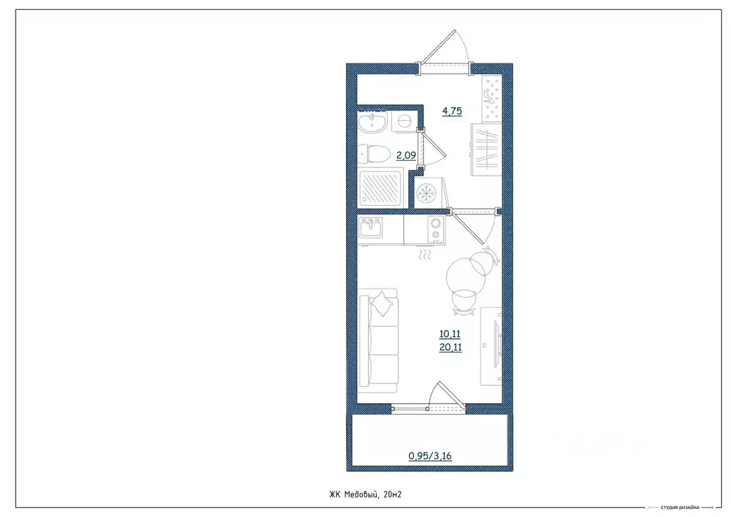 Студия Тверская область, Тверь ул. Медовая, 9к4 (20.0 м) - Фото 1