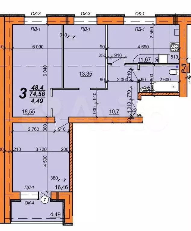 3-к. квартира, 75 м, 5/5 эт. - Фото 0