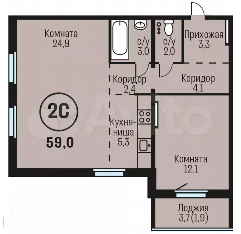 2-к. квартира, 59 м, 15/19 эт. - Фото 0