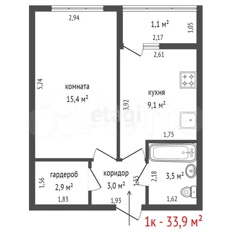 1-к. квартира, 33,9 м, 1/3 эт. - Фото 1