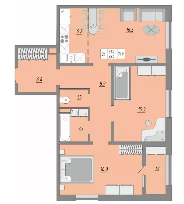 3-комнатная квартира: Оренбург, улица Юркина, 10 (77.8 м) - Фото 1