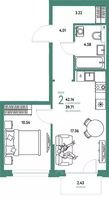 2-к кв. Тюменская область, Тюмень ул. 50 лет Октября, 61к1 (42.14 м) - Фото 1