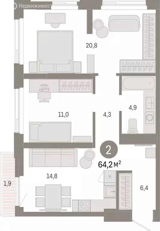 2-комнатная квартира: Тюмень, жилой комплекс Зарека (64.19 м) - Фото 1