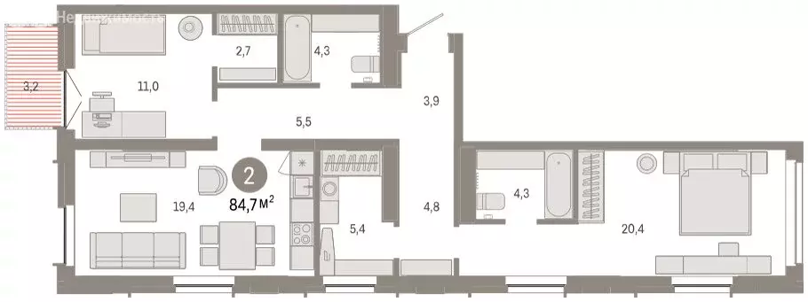 3-комнатная квартира: Тюмень, улица Республики, 205к2 (84.7 м) - Фото 2
