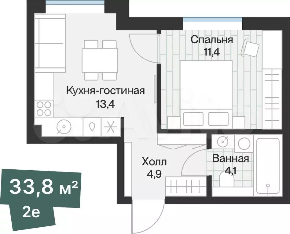 1-к. квартира, 33,8 м, 4/4 эт. - Фото 0