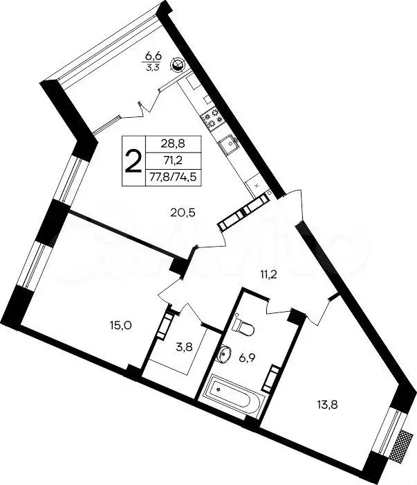 2-к. квартира, 77,8 м, 1/8 эт. - Фото 0