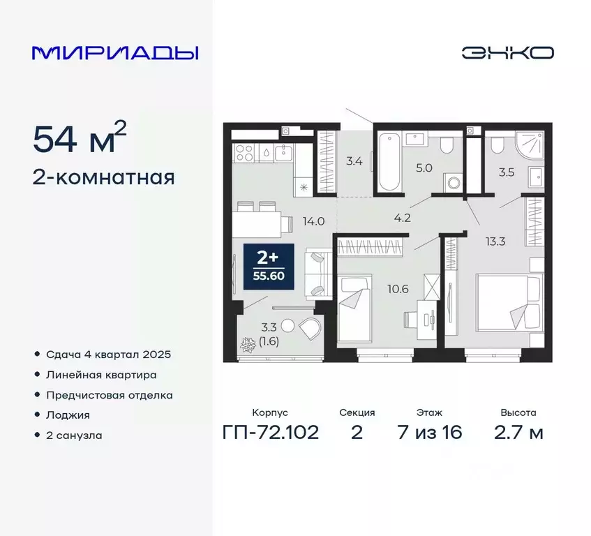 2-к кв. Тюменская область, Тюмень Мириады жилой комплекс (55.65 м) - Фото 0
