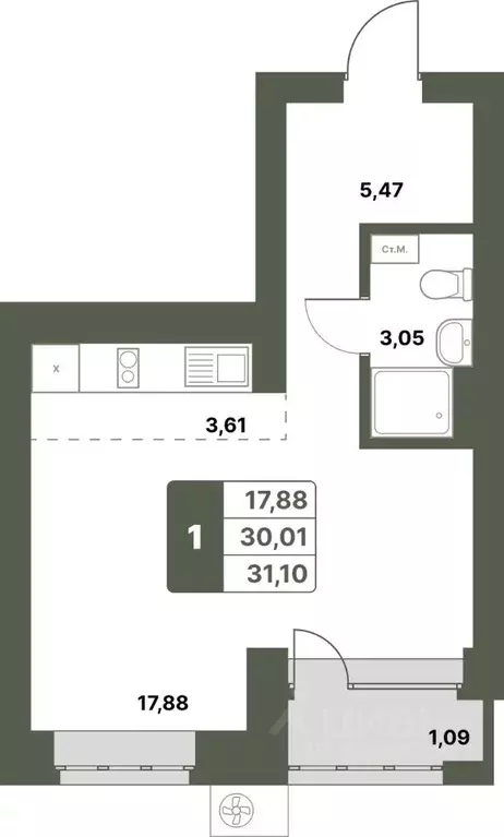 1-к кв. Башкортостан, Уфимский район, с. Миловка  (31.1 м) - Фото 1