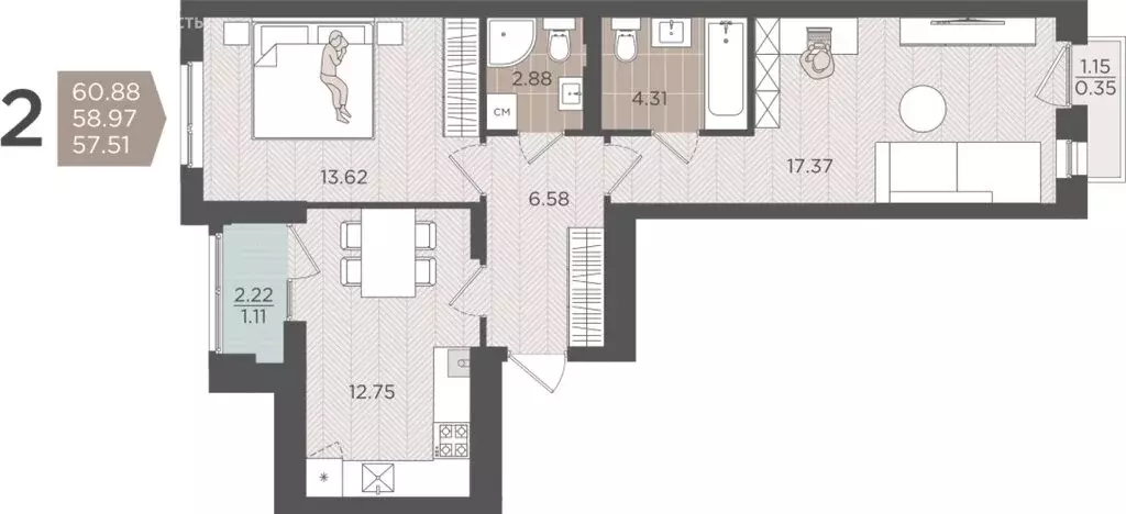 2-комнатная квартира: Калининград, Батальная улица, 65Б (58.97 м) - Фото 0