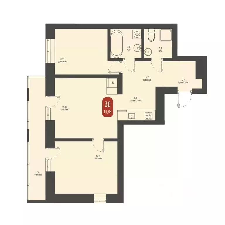 3-к кв. Томская область, Томск ул. Косарева, 6 (61.82 м) - Фото 1