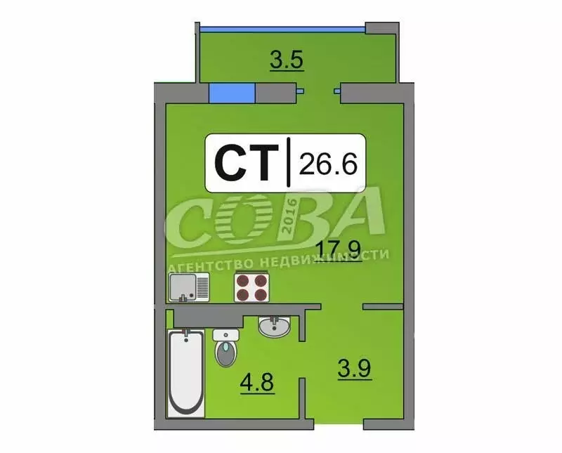 Квартира-студия: Тюмень, Обдорская улица, 1к1 (27 м) - Фото 1