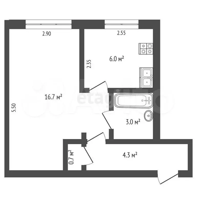 1-к. квартира, 30,7 м, 1/5 эт. - Фото 1