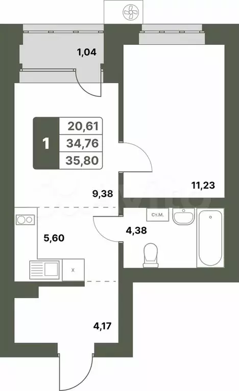 1-к. квартира, 35,8 м, 6/6 эт. - Фото 0