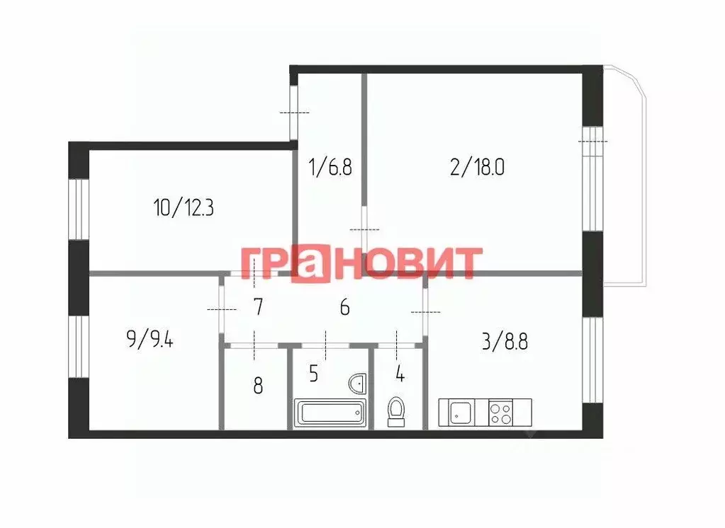 3-к кв. Новосибирская область, Новосибирск ул. В. Высоцкого, 13 (65.6 ... - Фото 1