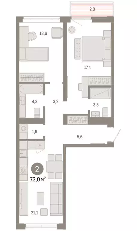 2-комнатная квартира: Тюмень, улица Республики, 205к3 (73.04 м) - Фото 2
