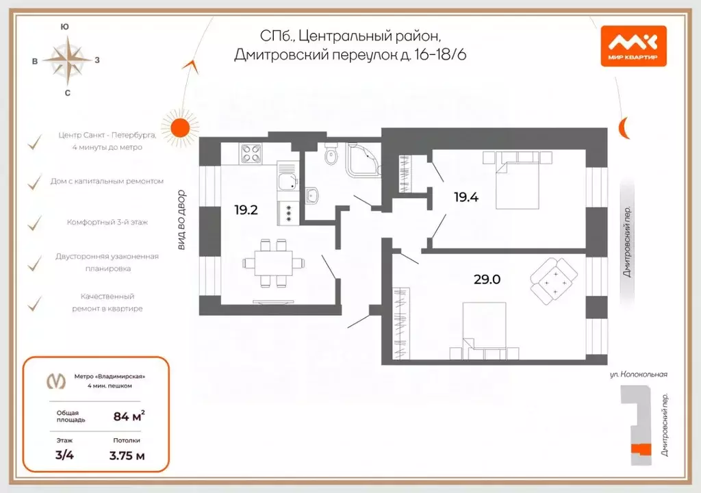 2-к кв. Санкт-Петербург Дмитровский пер., 16-18/6 (84.0 м) - Фото 2