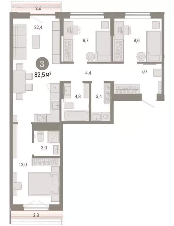 3-комнатная квартира: Тюмень, микрорайон ДОК, ЖК Октябрьский на Туре ... - Фото 2