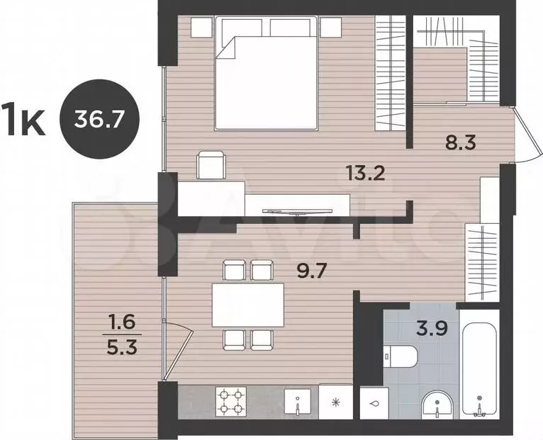 1-к. квартира, 36,7 м, 6/9 эт. - Фото 1