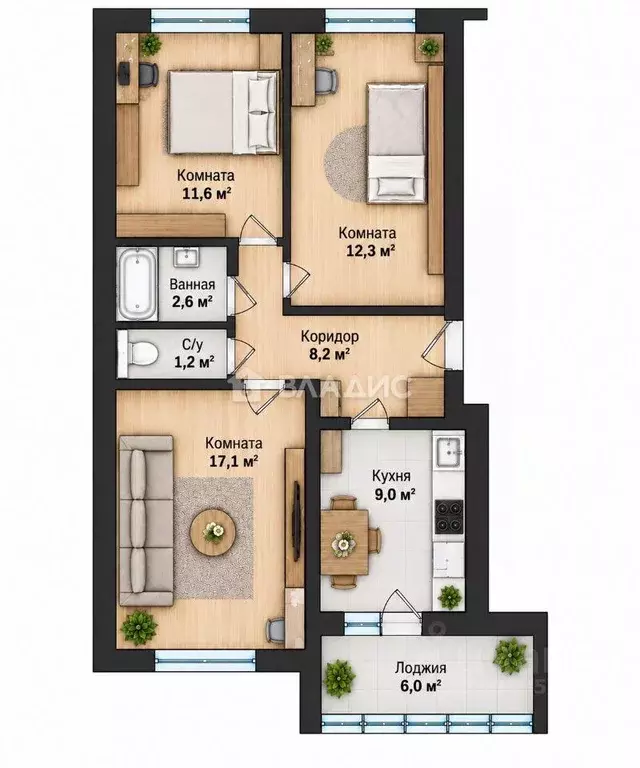 Квартира, 3 комнаты, 66.7 м - Фото 2
