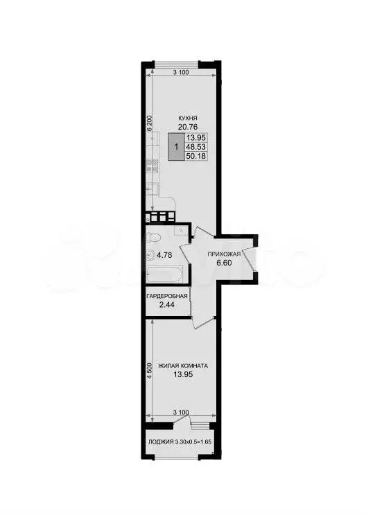 1-к. квартира, 50,2 м, 7/8 эт. - Фото 1