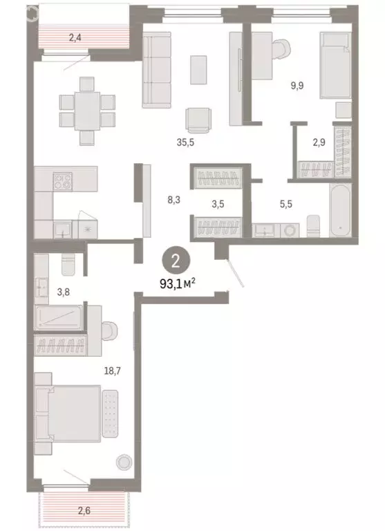 2-комнатная квартира: Тюмень, Мысовская улица, 26к2 (93.08 м) - Фото 1