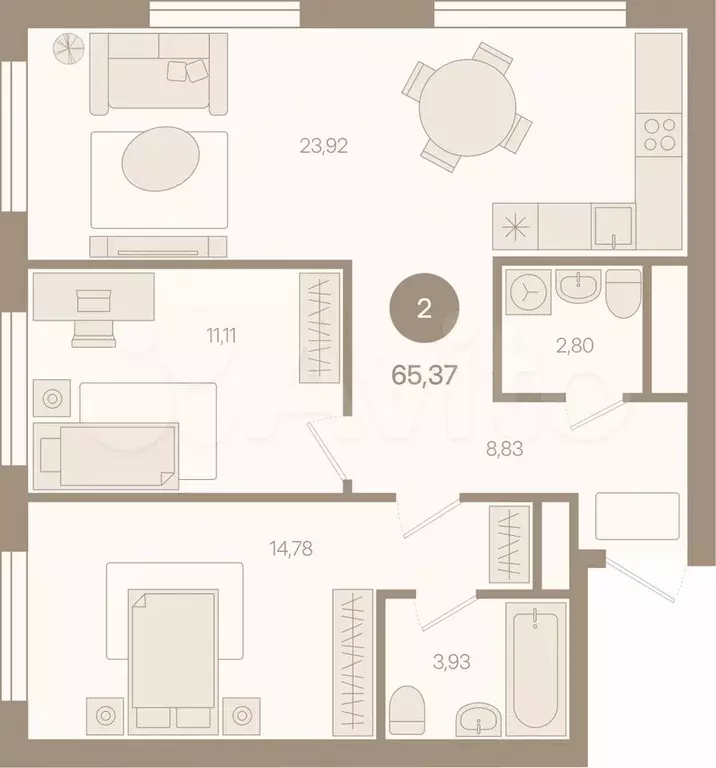 2-к. квартира, 65,4 м, 5/8 эт. - Фото 0