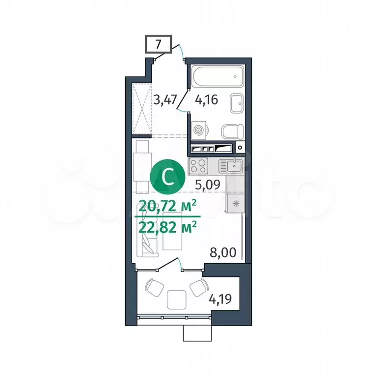 Квартира-студия, 20,7 м, 8/25 эт. - Фото 0