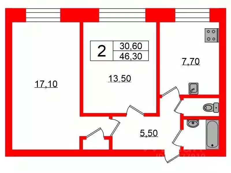 2-к кв. Санкт-Петербург Авангардная ул., 3 (46.3 м) - Фото 1