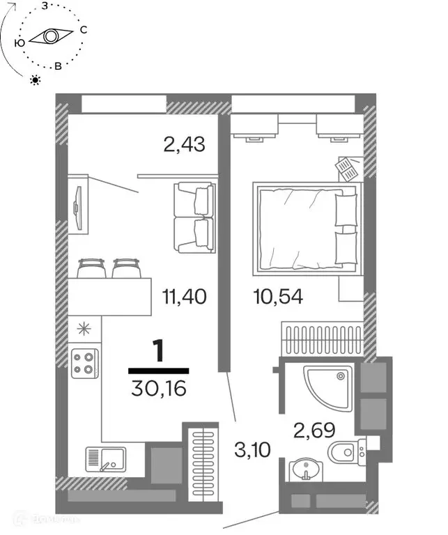 1-комнатная квартира: Рязань, улица Александра Полина, 3 (30.16 м) - Фото 0