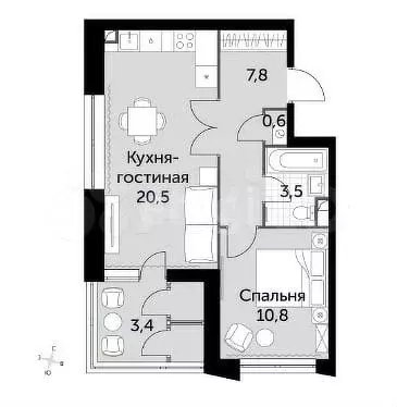 2-к. квартира, 46,6м, 5/43эт. - Фото 1