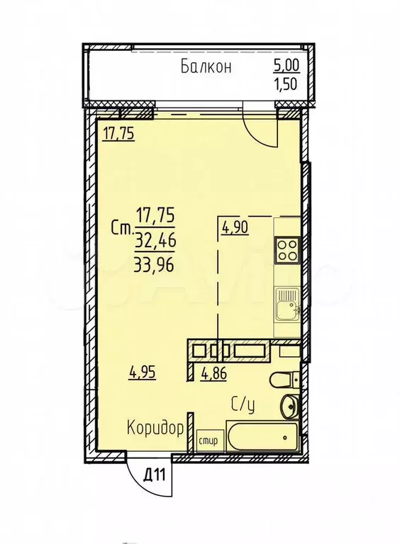 Квартира-студия, 32,1 м, 3/25 эт. - Фото 0