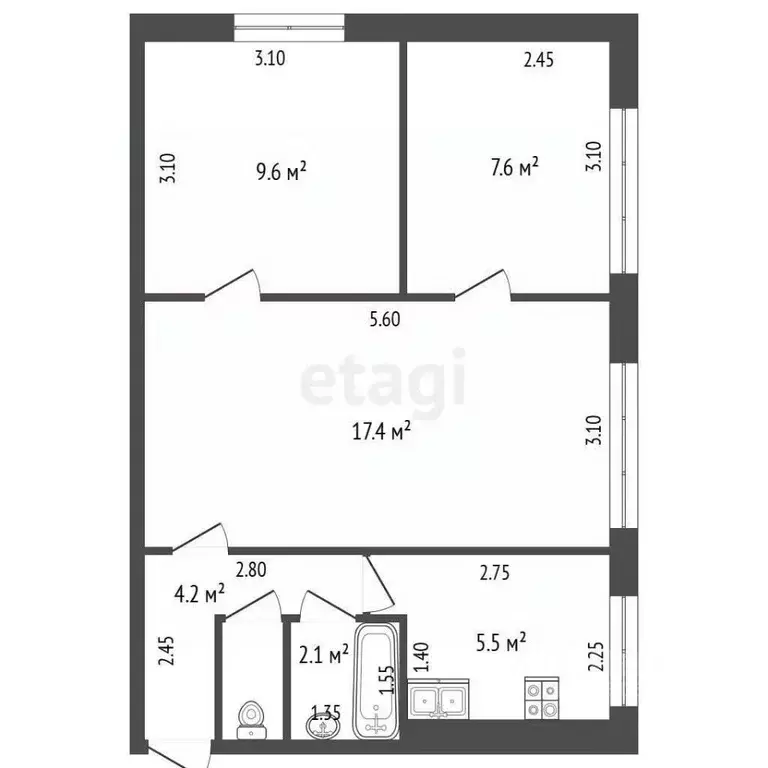 3-к кв. Кемеровская область, Кемерово Институтская ул., 6 (48.0 м) - Фото 1
