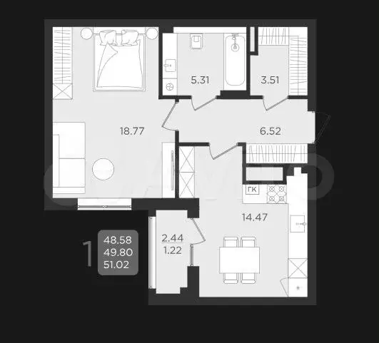 1-к. квартира, 51 м, 2/9 эт. - Фото 1