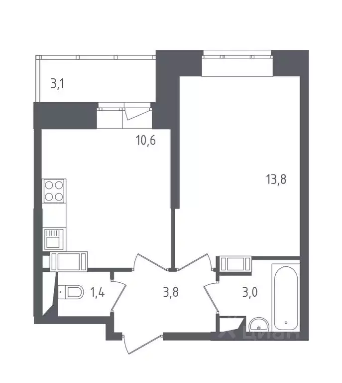 Квартира, 1 комната, 34.2 м - Фото 1