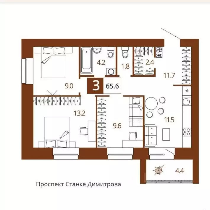 3-к кв. Брянская область, Брянск Проспект жилой комплекс (65.6 м) - Фото 2